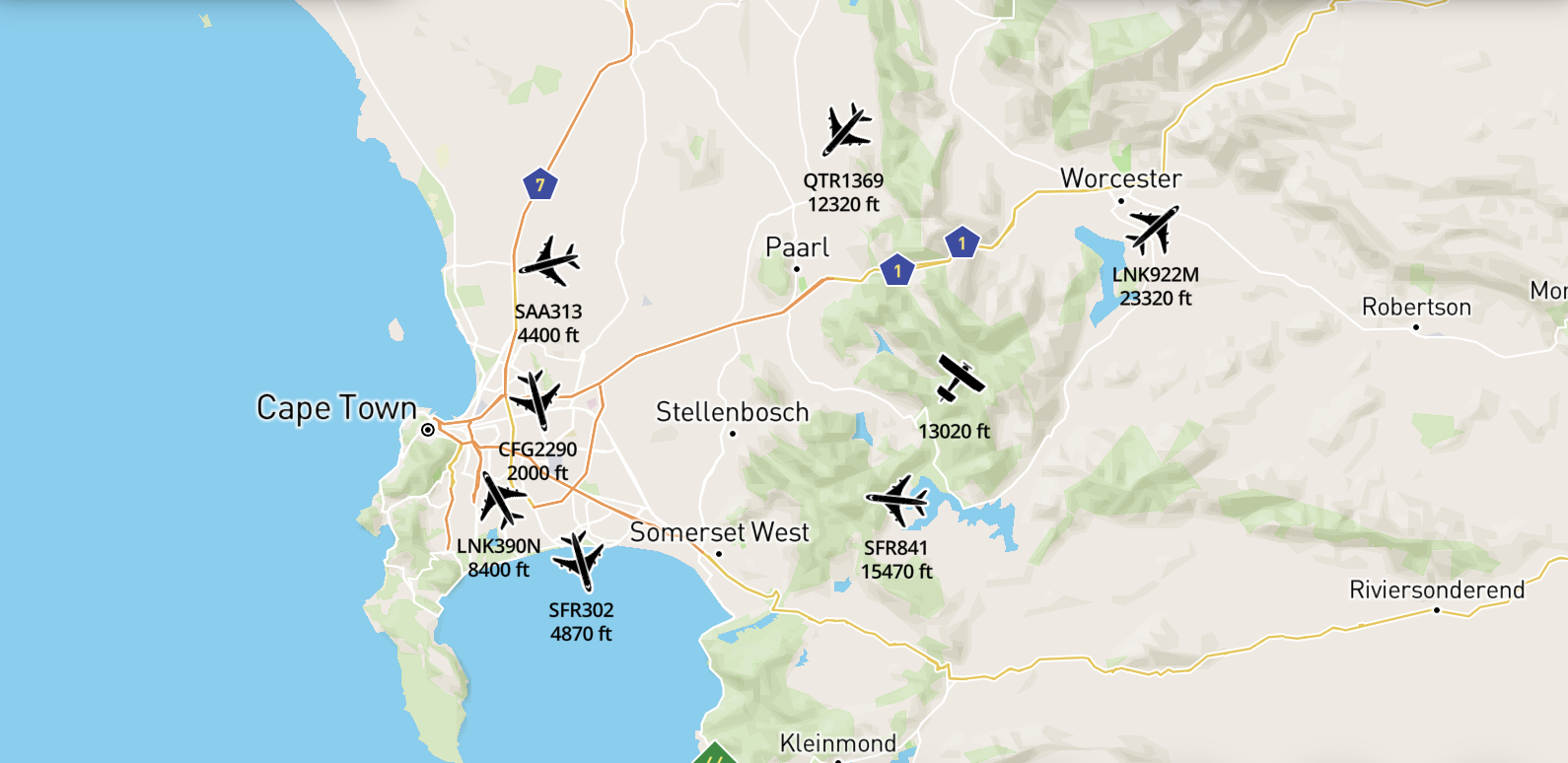 Screenshot from SafeSky, showing aircraft flying in the Western Cape